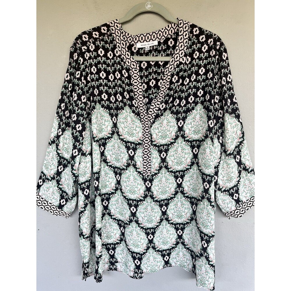 Rose + Olive Blouse 3x Black Green Floral Split Neck Boho Peasant Popover Top - Picture 2 of 15